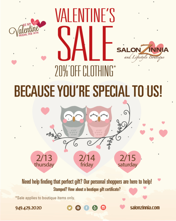 Valentine Day Special sale at San Clemente salon boutique. 20% off clothing